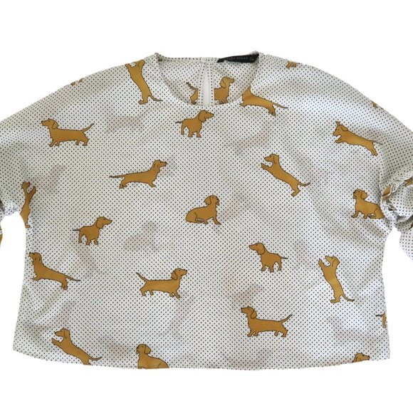 ZARA Dachshund dog print polka dot top sz L - Picture 4 of 5